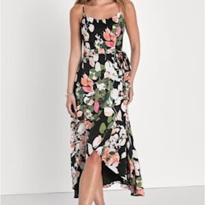 NWT Lulus Sensational Destiny Black Floral Faux-Wrap High-Low Dress Size L
